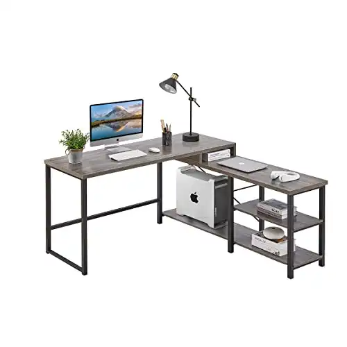 BON AUGURE L Shaped Computer Desk with Storage Shelves, Reversible L-Shaped Corner Computer Desks, Industrial Gaming Table Modern Home Office Desks (59 Inch, Dark Grey Oak)