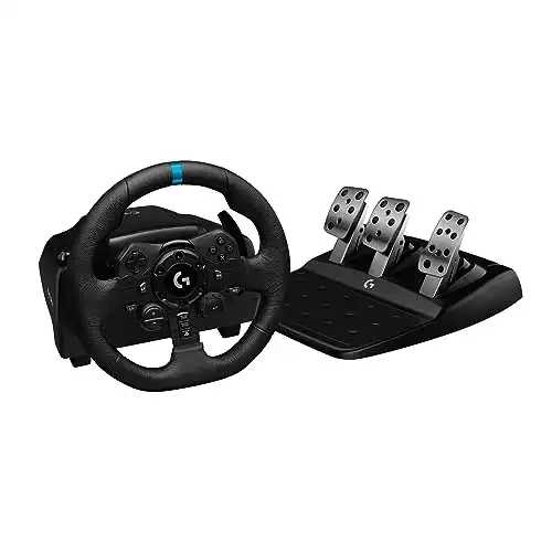 Logitech G923 Racing Wheel and Pedals, TRUEFORCE up to 1000 Hz Force Feedback, Responsive Driving Design, Dual Clutch Launch Control, Genuine Leather Wheel Cover, for PS5, PS4, PC, Mac Black