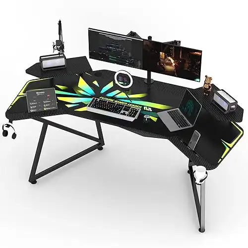 JWX Gaming Desk with Removable Speaker Stand, 72'' Large Studio Wing-Shaped Gaming Desk with Headphone Stand, Cup Holder for Live Streamer, Social Media Influencers & Music Recording