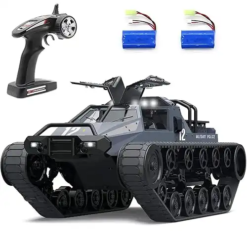 Mostop Remote Control Tank 1/12 Scale High Speed RC Tank 4WD Offroad RC Car 2.4Ghz Remote Control Crawler Drift Tank Army Truck for Kids, 2 Batteries