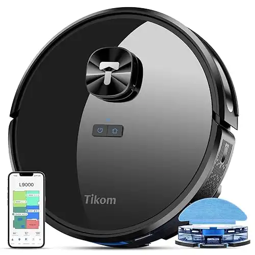 Tikom L9000 Robot Vacuum and Mop Combo, LiDAR Navigation, 4000Pa Robotic Vacuum Cleaner, Up to 150Mins, Smart Mapping, 14 No-go Zones, Good for Pet Hair, Carpet, Hard Floor