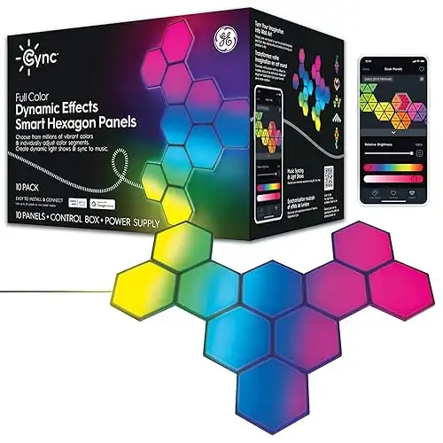 Cync GE Dynamic Effects Indoor LED Hexagon Lights with Music Sync, Wall Lights, Room Décor Aesthetic Color Changing Lights, WiFi Smart LED Lights, Works with Amazon Alexa and Google, 10 Panels