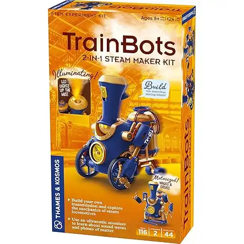 Thames & Kosmos TrainBots: 2-in-1 STEAM Maker Kit | Build 2 Steampunk Robots w/LED Lights | Explore Robots & Engineering | Includes Ultrasonic Atomizer | Ages 8+ with Help; 12+ for Independent...