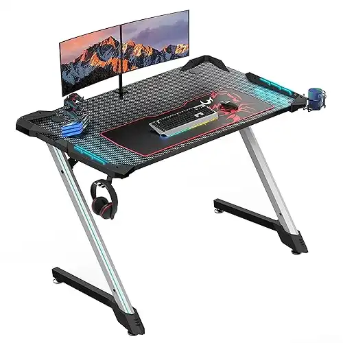 EUREKA ERGONOMIC Z1-S Pro Gaming Desk 44.5 Z Shaped Home Office PC Computer Desks Gamer Tables with LED Lights Controller Stand Cup Holder Headphone Hook Free Mousepad for Men Boyfriend Female ...